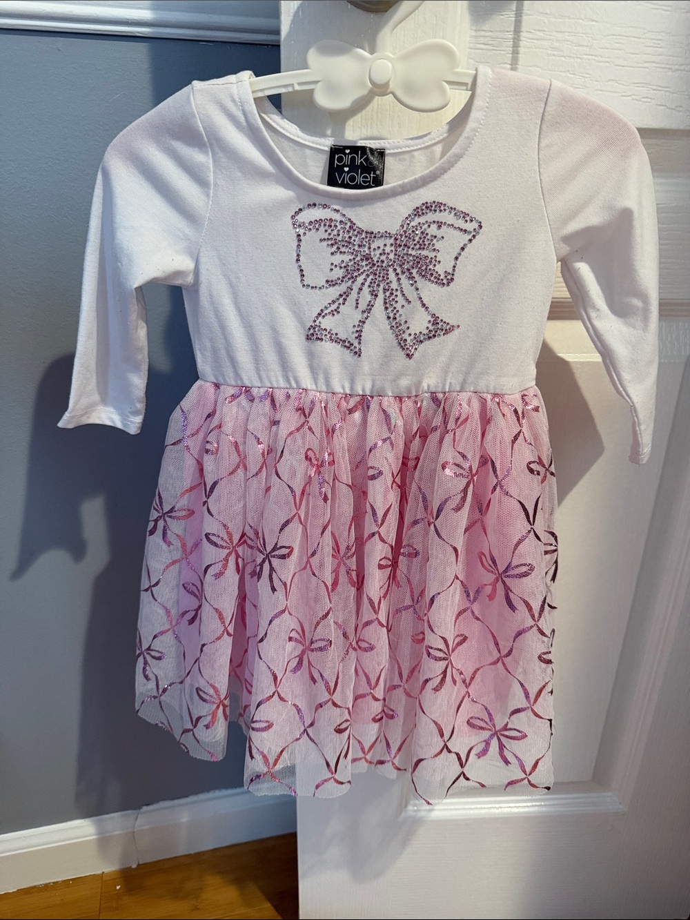 Pink Violet Girls' White & Pink Bow Tulle Dress